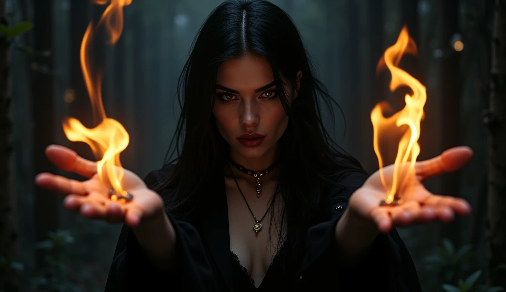 Black-haired vampire with pronounced teeth on a dark background and fire in her hands