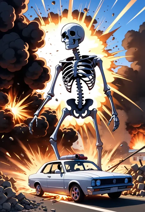 After a horrible car crash, a walking skeleton emerges from the explosion.