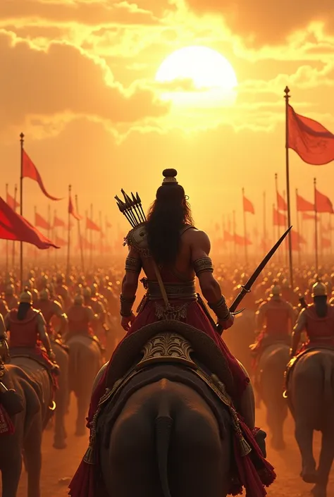 In Cinematic 3d cartoon style"The battlefield of Kurukshetra, early morning. Arjuna, the mighty warrior, stands on his chariot, gazing at the vast army of his relatives, friends, and teachers."