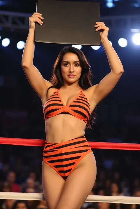 “A striking woman with a curvaceous figure stands confidently in a vibrant orange and black striped bikini, her toned physique glowing under the bright overhead lights of a bustling boxing arena. Holding a smooth, matte blackboard above her head, she exude...