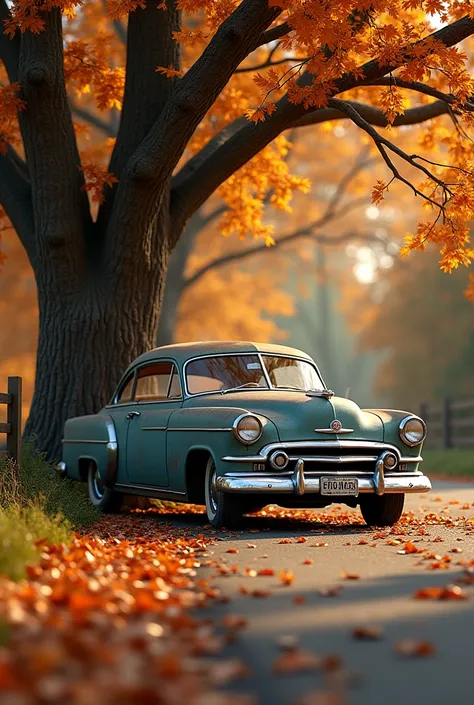 An car in front of a tree of dry leaves on the road and dry leaves spread over the road