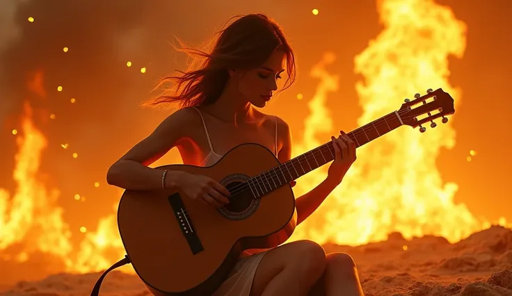 A beautiful guitarist plays her guitar in super slow motion, moving her arms and fingers slowly, almost motionless, as everything around her is engulfed in fire, flames, and sparks. The scene is highly evocative, with the city around her burning in the bac...