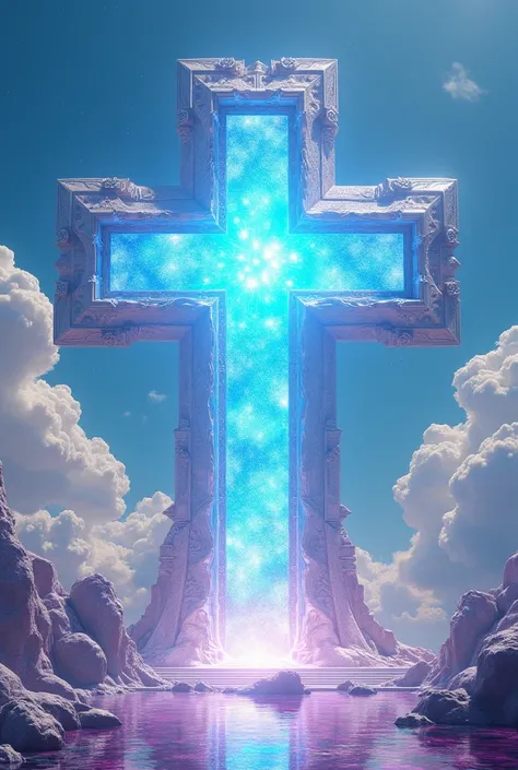  (Portal with a background to another dimension ) In the shape of a perfect straight cross in its gigantic cross-shaped aspect ratio with infinite crystal-style background and borders perfect in the blue sky with large clouds surrounding it in a hyper real...