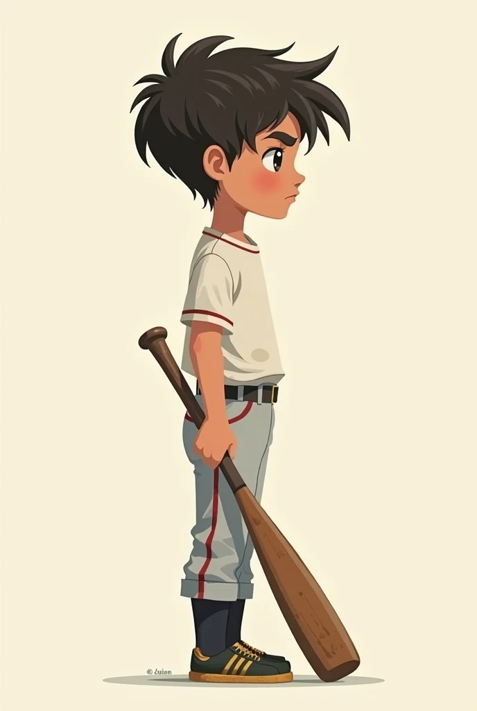 Profile of a boy holding a bat。Side view illustration