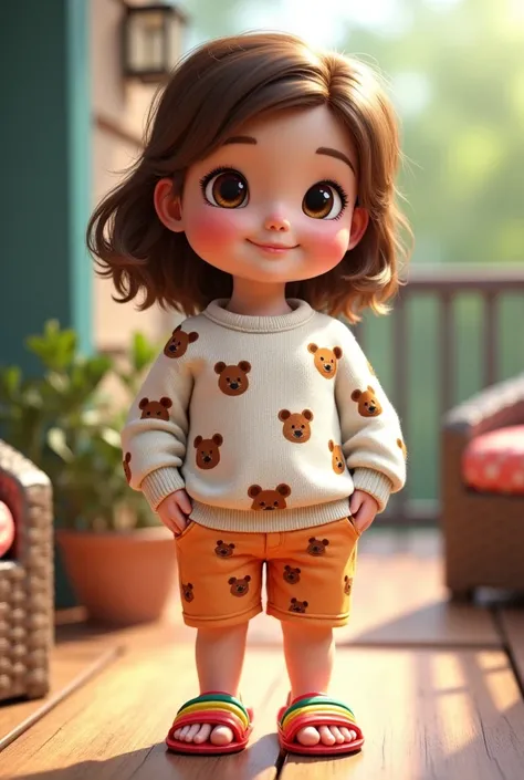 Chubby teenage girl with brown hair and eyes wearing white sweater with little brown bears and Hawaiian slippers