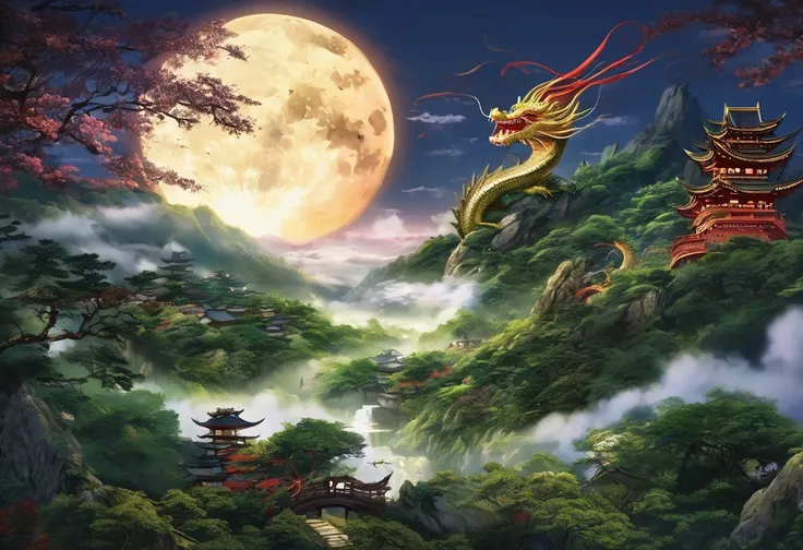 Please realistically express a landscape with a dragon rising to the sky and a full moon。