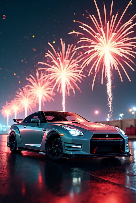 Make an image of a GTR R35 a New Year mood with fireworks and the words Happy New Year written.