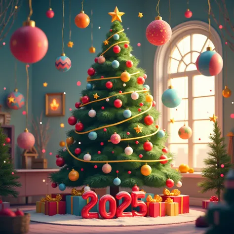  christmas picture, written happy new year 2025 ,  beautiful christmas tree with balloon toys 