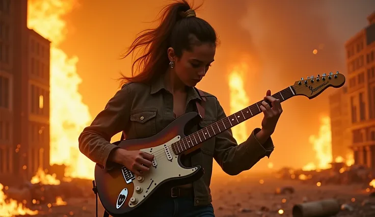 A beautiful guitarist plays her relic fender stratocaster guitar in super slow motion, moving her arms and fingers slowly, almost motionless, as everything around her is engulfed in fire, flames, and sparks. The scene is highly evocative, with the city aro...