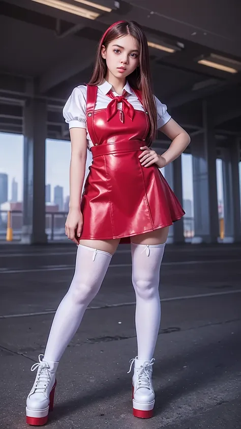 ((full body)), ((fitted  figure , cute beautiful  teenage  schoolgirl)), ((beautiful cute teen European face with big lips)) , ((High Waisted red leather skater pinafore dress)), ((shiny satin  white blouse short puffy sleeves)), High Waisted red leather f...