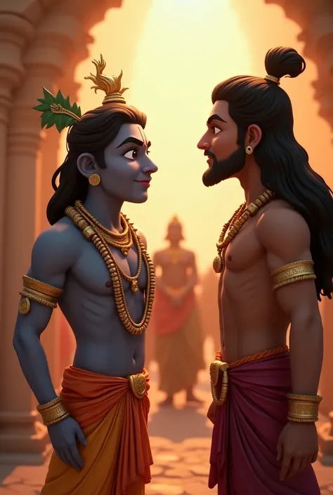 In Cinematic 3d cartoon style"Lord Krishna responds to Arjuna’s crisis by questioning his emotional state and telling him that his hesitation is a sign of weakness. Krishna begins to explain the eternal nature of the soul—how it cannot be killed, only the ...