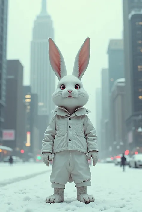 Snowy cityscape behind white perverted programmist rabbit