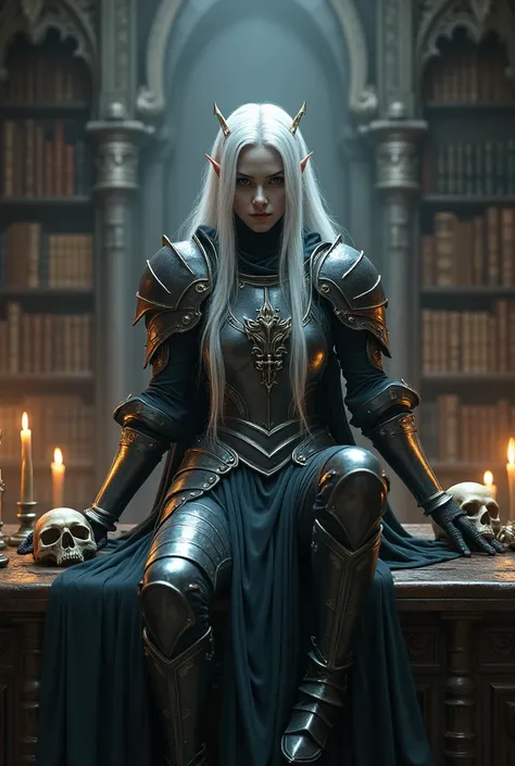 Woman elf, white hair, gray skin, plate armor, lying on a desk, castle, fortress, bookshelves, fantasy, beautiful, menacing, intimidating, sitting on top, skull, bookshelves, dim light, candles, candlelight, castle, fantasy, legs spread