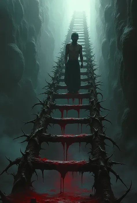 The ladder was full of thorns and someone was walking up the stairs with blood.