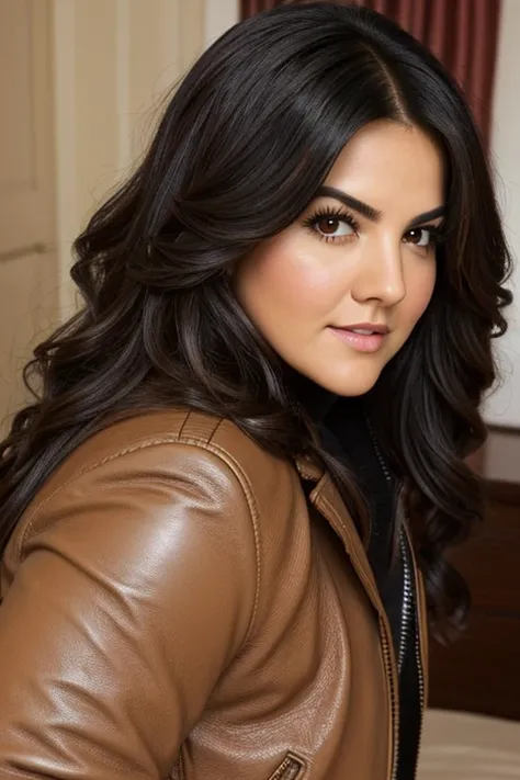 Maite Perroni, 1, milf, face portrait, long curly hair, wearing leather jacket over sweater, tan skin, overweight, fat, chubby, cozy dorm