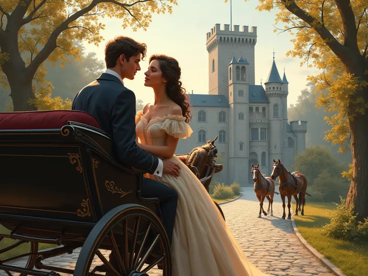 a 19th century couple in love. A carriage and a castle.