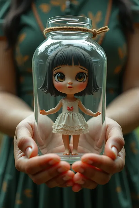 Girl shrunk inside a glass jar .  The bottle is in the hands of Rafa Polynesian ( youtuber)