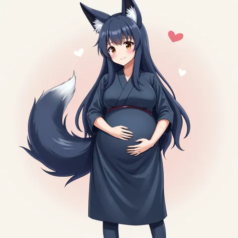 anime girl, long hair, big pregnant, brown eyes, pregnant girl , anime style, dark blue hair, big breasts, pregnant girl with big belly, smile, dark blue thin tights, dark blue long dress-yukata kimono, big pregnant belly, big breasts, big belly for pregna...