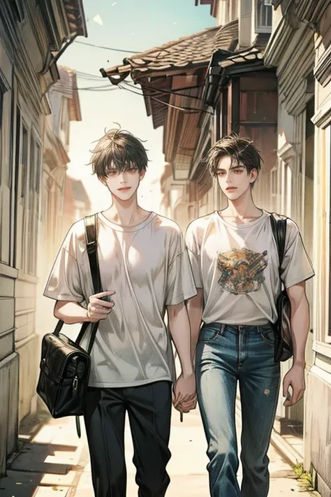 Two young men walk hand in hand, t-shirt, Shoulder bag, laugh, smile, , the wind blows their hair and a flyer through the air., Realistic natural light , Colorful shades ,  masterpiece,  measurements