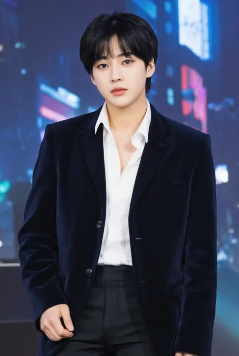 A strikingly handsome young man with flawless, smooth skin and sharp facial features reminiscent of a K-POP idol. He has perfectly styled jet-black hair with subtle waves, framing his face elegantly. His large, almond-shaped dark brown eyes are enhanced by...