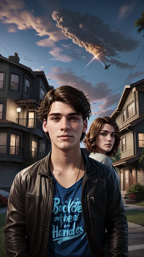 a painting of a young hispanic-caucasian teen male and a woman standing in front of a house, background artwork, inspired from Life is Strange, stylized urban fantasy artwork, novel cover art for a book, portrait of jughead jones, cover game art, romance n...