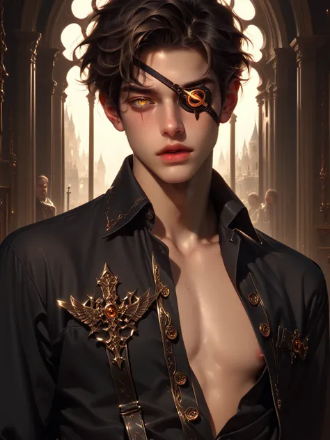 Close-up of the face , (absurdres, highres, ultra  Detailed ), Very realistic, 1 male,  Young man , Vampire boy,  tanned skin.  right eye patch, by the blue,  dramatic lighting,  Detailed ,  masterpiece, Standing in front of the castle, evening light,  Red...