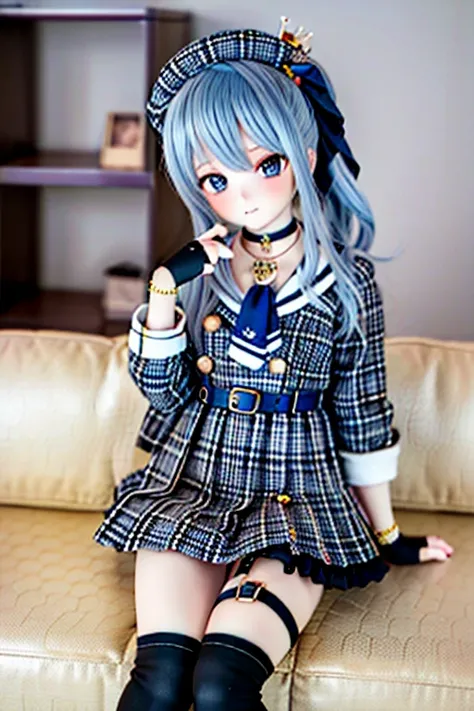 (SFW:2), photorealistic, realistic photo, 8k, Canon EOS, ((highest quality)), ((masterpiece)), (extremely detailed), dd, doll, plastic skin, sui1, 1girl, solo, side ponytail, hoshimachi suisei, fingerless gloves, single thighhigh, jewelry, thigh strap, bra...