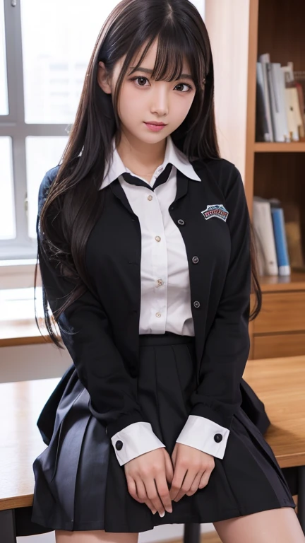 Best Quality、High resolution、A beautiful high school girl spreads her legs to show off her pussy、Long Black Hair、Firm breasts、Student Uniform,collared long sleeve shirt、mini skirt、Great style、nsfw, sitting on desk, legs wide open:1.5, Pussy:1.5, Detailed P...