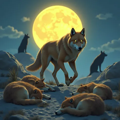 [3D] [YuGiOh artwork style] [Futuristic style] Highlighting 1 brown wolf with bright yellow eyes, on the way down a small hill and behind him other brown wolves lying down sleeping under the yellow full moon, environment with little vegetation and blue sky...