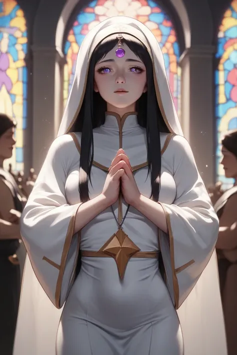 manhwa style, wavy long Black hair with beautiful purple eyes, femenine black eyelashes, sexy body, femenine facial features, femenine face, perfect body, tight  under chest, sexy body shape, priestess wearing white fantasy entire priest robes, standing pr...