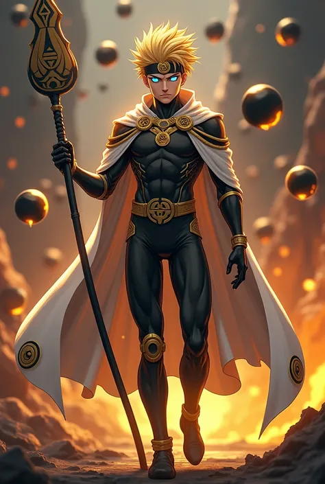 Create a 4k realistic image not anime type.A powerful character with spiky blond hair, whisker-like facial markings, glowing blue eyes, and a golden headband featuring a symbol. They wear a sleek black bodysuit with intricate gold patterns, a white cape ad...