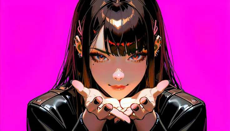 anime girl image:1.4, The bangs reach the eyebrows , squinting eyes looking at the viewer, with long false eyelashes , the head tilted slightly upwards , With several piercings ; 1,3 , wears brown leather clothing, pink background, cyberpunk art inspired b...