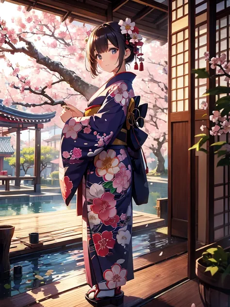  best quality、solo、A girl in a kimono、Illustration celebrating New Year 。 Bamboo and plum blossoms blooming in the background。"
