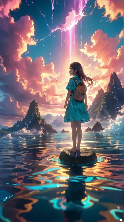 A serene sunset scene with a schoolgirl standing on reflective water, dynamic clouds moving slowly across the sky casting golden light rays, gentle ripples expanding from her feet, hair and uniform swaying softly in the breeze, bioluminescent turquoise par...