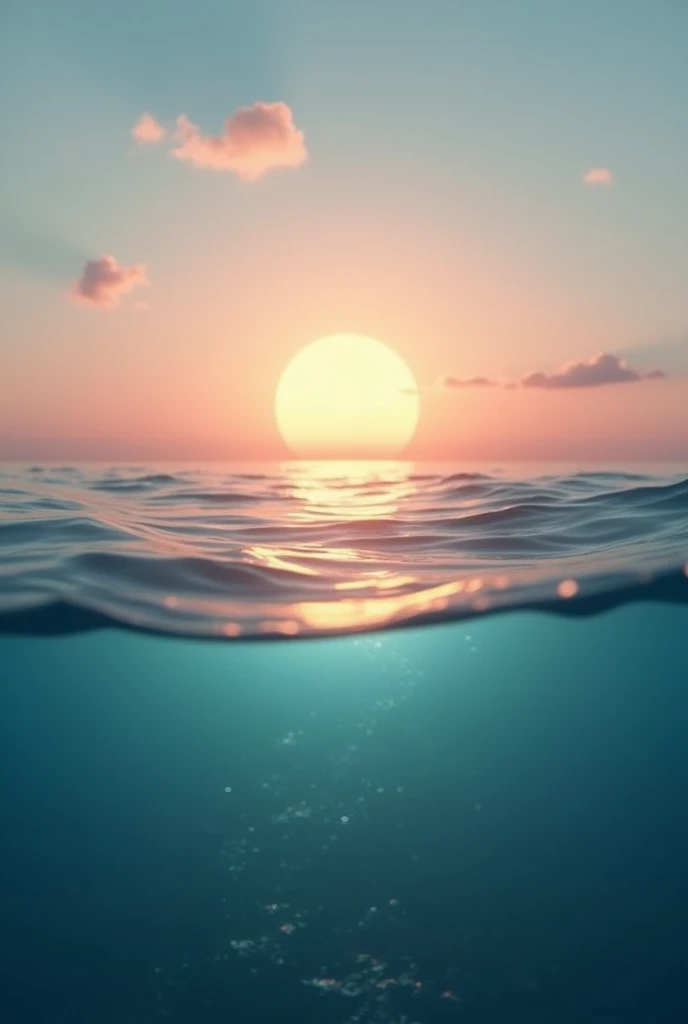 THE CAMERA RISES FROM THE SEA DEPTH TO THE SURFACE , , IT MOVES WITH THE FLOTATION MOVEMENTS OF A CALM SEA, WHEN TWO SUNS ARE ALREADY SETTING ON THE HORIZON, IN A DIAPHANOUS AND BEAUTIFUL SUNSET
