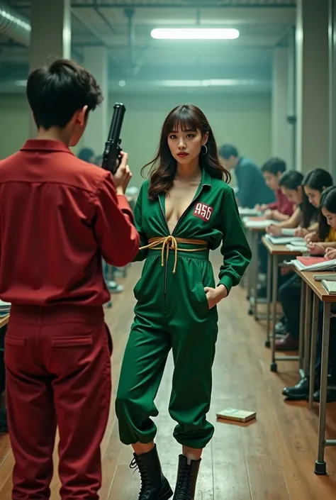 close up, there is the back view of someone wearing a red jumpsuit and black boots, holding a gun. In front of the back view, there is a korea beauty female facing forward ,Hime cut blunt bangs long Wavy hair, big breast, Wearing a green tracksuit/athletic...