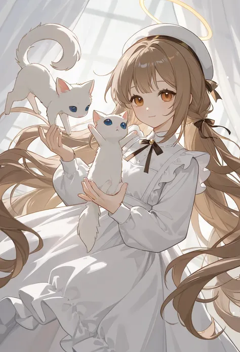 a brunette angel holding a white kitten