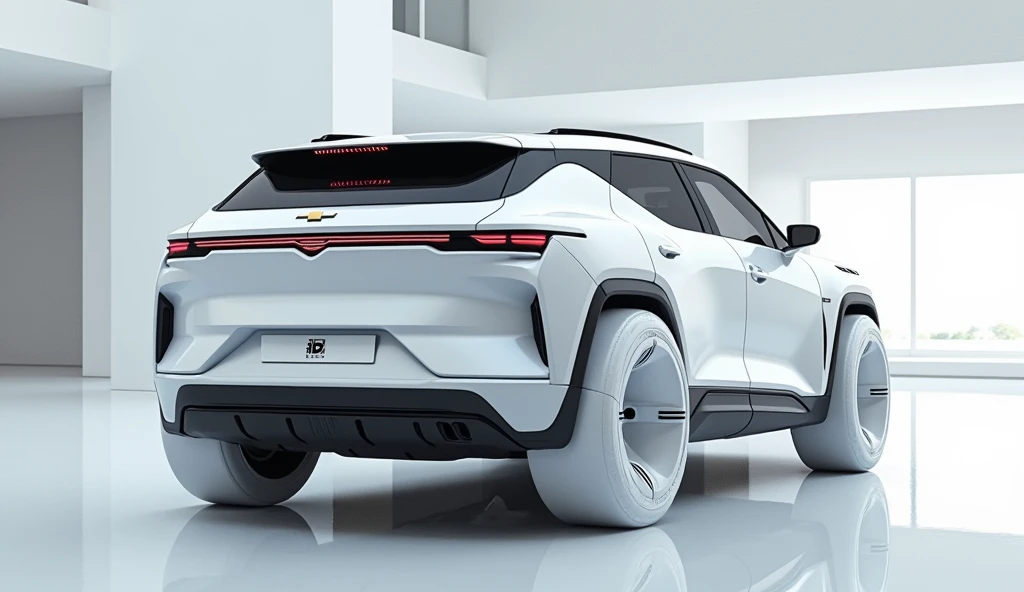 An ultra-realistic, futuristic half side back  view of a  (  2025  Chevrolet Blazer)  ( White ) exterior features a wide, impressive White bumper with intricate accents and a modern, . The license plate area proudly displays the word ( Chevrolet ) in a sle...