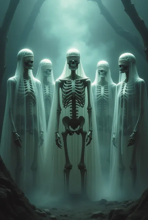 Now please more skeletons and all of these skeletons have a bandage around their eyes only one does not have it