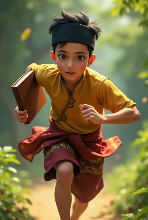  make a handsome teenage boy, using a black songkok , wearing a sarong,  running holding a book 