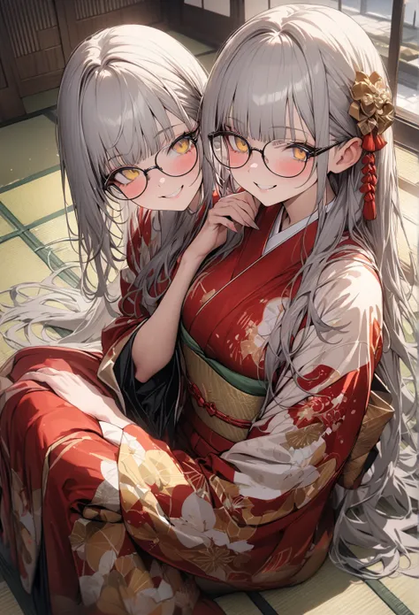 long hair, gray hair, masterpiece, top quality, very beautiful, Absurd, with bangs, glasses, yellow eyes,Yellow Eyes, Glasses、((masterpiece)), (( top quality )), ( super detailed :1.2), (  high res:1.3), front、 are wearing Japanese kimonos、 is bowing、 sitt...