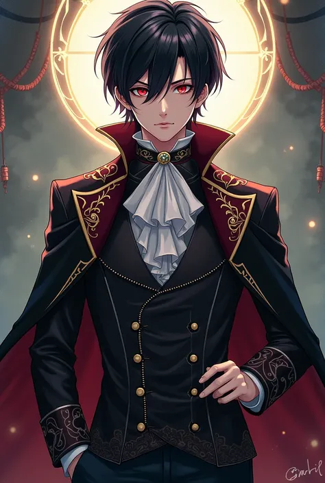 Adult boy in a Victorian period costume, black hair red eyes, fantasy anime style 