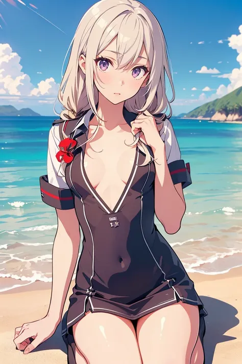 (Island Breeze:1.5) 、(kantai collection:1.5), ( purple eyes:1.1), blonde hair, (( uniforms:1.5)),(seiza:1.5)  break extremely detailed face and skin textures,  beautiful eyes,  white skin, break,(small breasts:1.3), (Perfect hands, perfect anatomy),(small ...