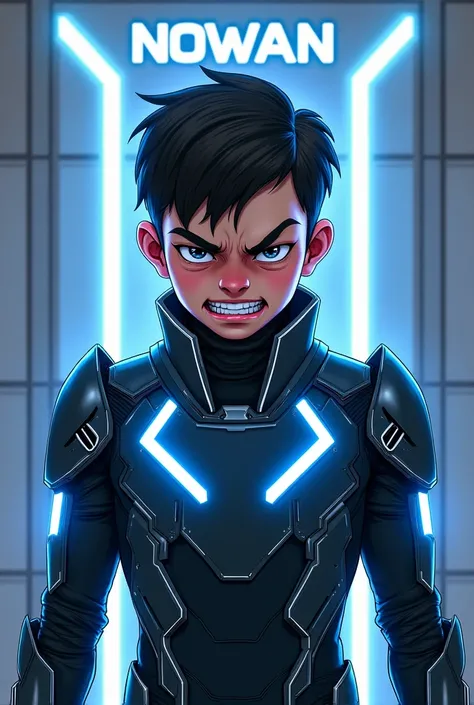 Design a realistic illustration of a Baby, angry boy wearing distinctive LED armor with a mask, emitting a powerful aura. The background features NOWAN in LED font on an elegant wall design.