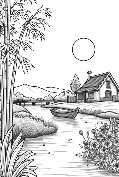 COLORING page styled beautiful , natural , hand drawn , very easy ,  MORNING SUNRISE  ,village scenery, including ,  sun, bamboo grass ,home , aster flower garden with fence, big Boat the river with full of water hyacinth, NO COLOUR, VERY EASY AND very SIM...