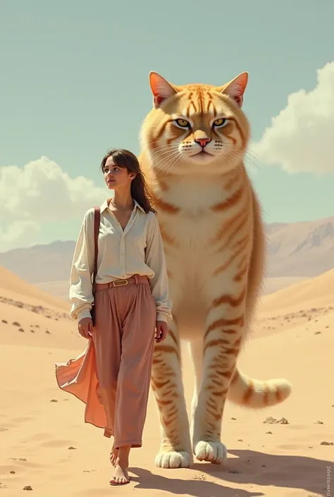 Make a womanbababyucasual walk with a giant cat they walk in the desert