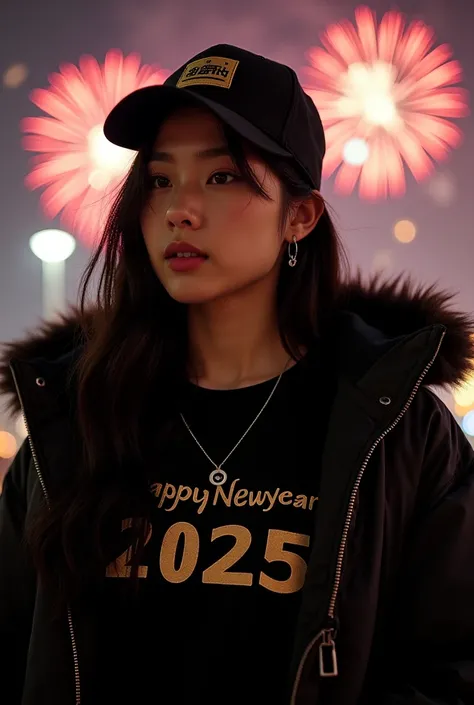 A stunning fisheye lens and highly refined photo featuring a beautiful young Korean woman chubby, plump chubby with long black hair, wearing a black baseball cap facing the stripes, a silver necklace, and earrings. She is dressed entirely in black, with an...