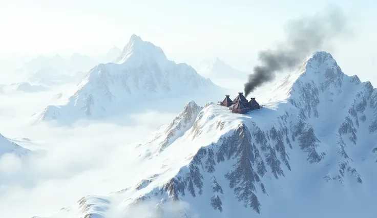 An aerial view of enemy encampments set up on the peaks, with black smoke rising faintly against the bright white snow."