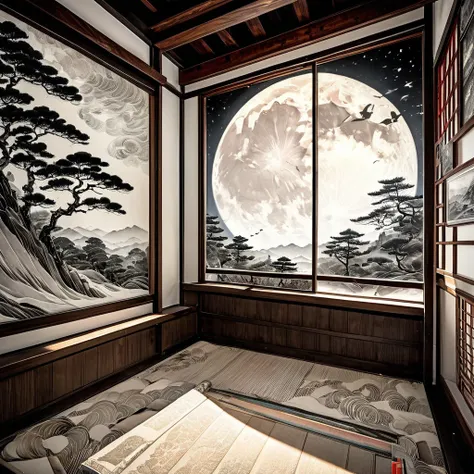 monochrome, pencil drawing, sumi-e, ink painting, Ukiyo-e, Japanese painting, woodblock print, fusion of watercolors and oil paintings, fusion of paper cutting and shadow puppetry, huge red full moon, space, cosmic rays, landscape images and effects from t...