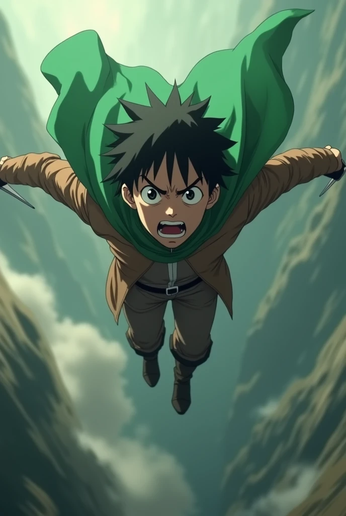 solo,1boy(Levi Ackerman(attack of titan),diving to Titan from high above by The 3-D Maneuver Gear, downspin,motion blur,(dynamic pose),mad,angry,open mouth,holding 2swords,green cape).anthro,screen capture.dynamic angle. BREAK .quality(8k,wallpaper of extr...